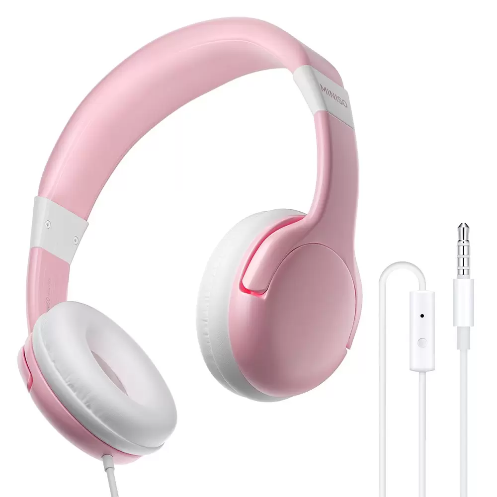 MINISO Kids Headphones for Girls Aged 3-12, Wired Headphones for Kids with Built-in Mic, 85dB Volume Limit, Ultra-Light 84g Adjustable On-Ear Headphones for School, Computer and Tablet