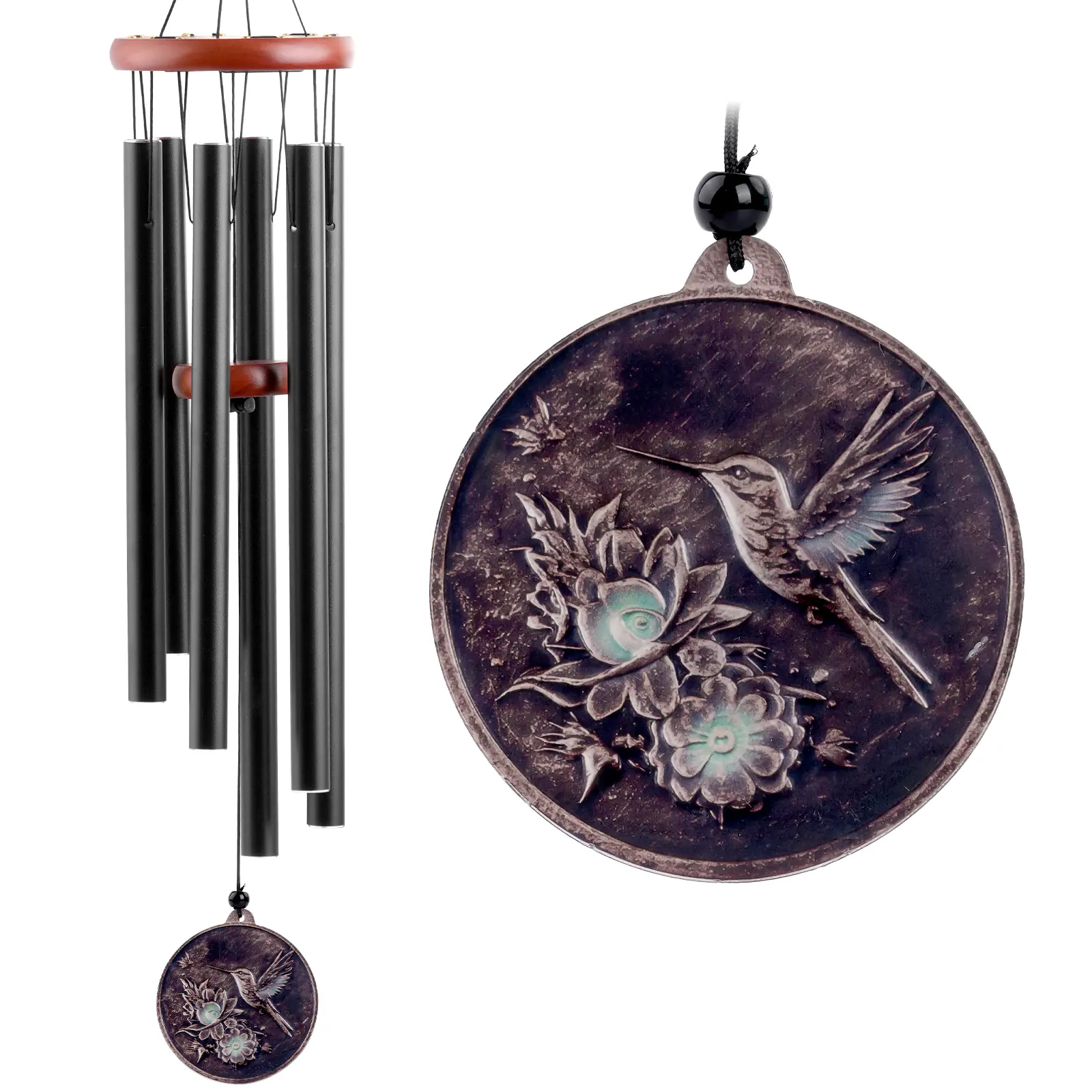 37 Inch Hummingbird Wind Chimes for Outside, Deep Tone Memorial Wind Chime with 6 Black Aluminum Tubes, Vintage Bronze Pendant, Sympathy Gift for Mom, Garden Patio Porch Decor