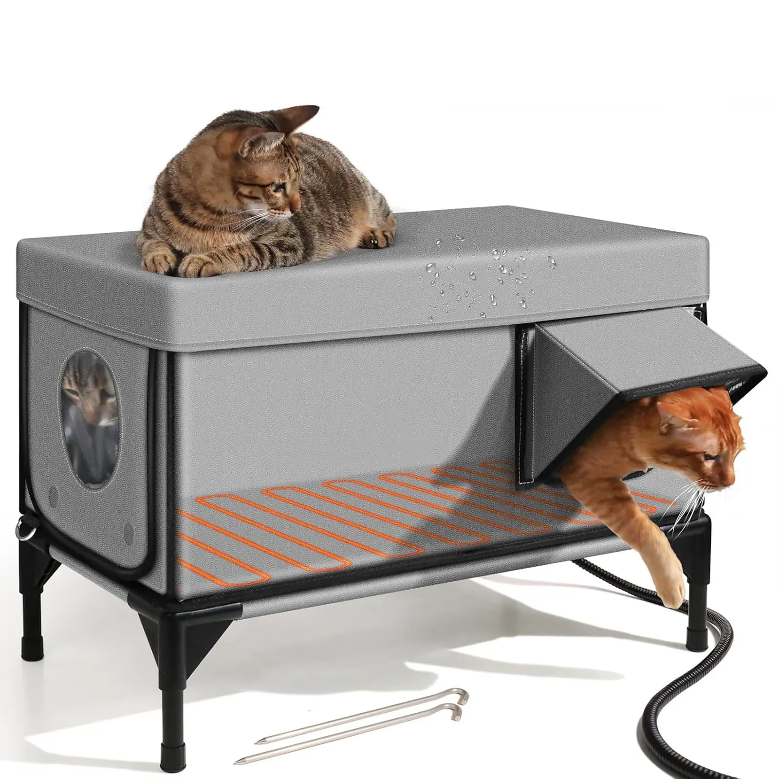 Heated Cat House for Outside, Medium Weather-Resistant Insulated Cat Shelter with Thermostat Heating Pad, Elevated Base, Escape Door, Gray