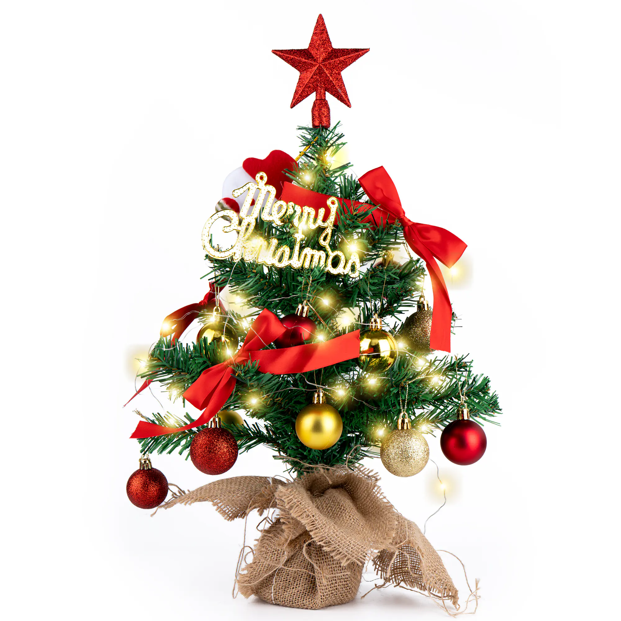 17.7in Tabletop Christmas Tree, Mini Artificial Tree with Warm White LED Lights, Ornaments, Star Topper and Burlap Base