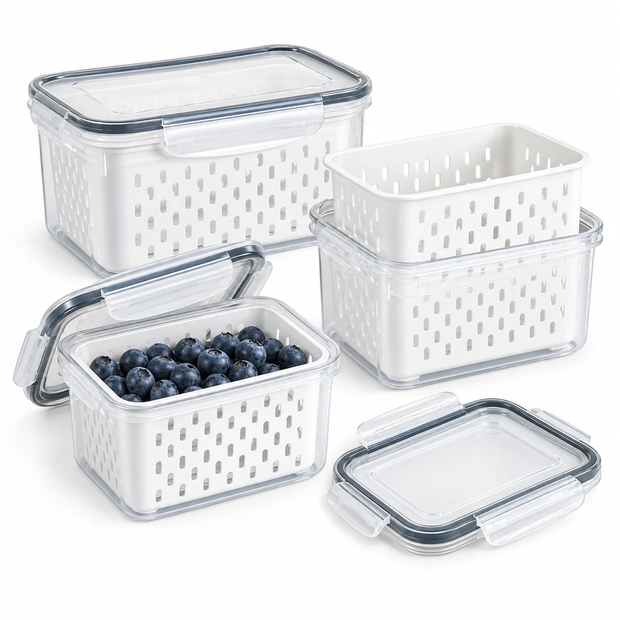 Fruit Storage Containers for Fridge, 3-Pack with Removable Colander Baskets, Stackable Fruit and Vegetable Containers with Locking Lids, 850/1750/3300 mL