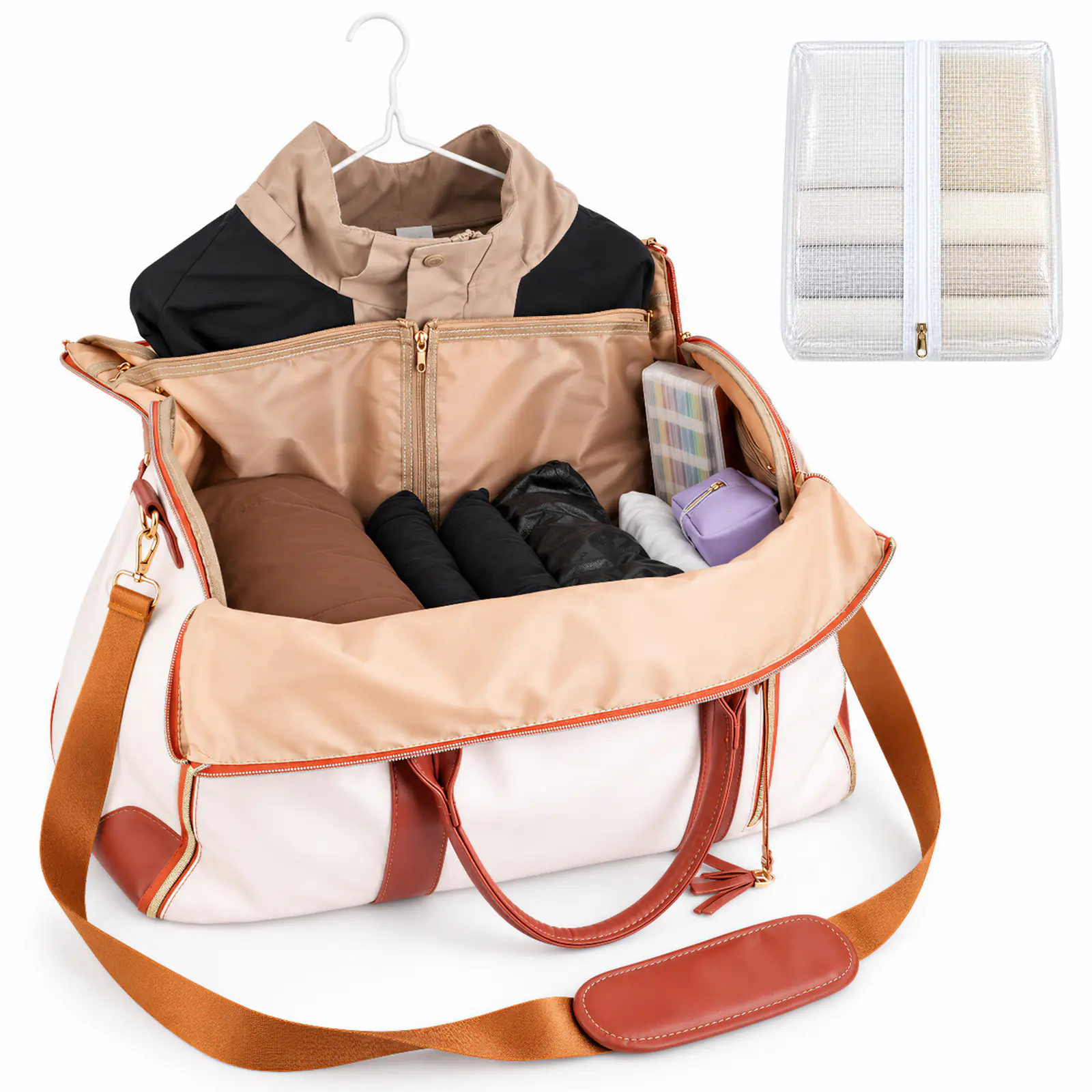 3 in 1 Garment Bag for Travel, Carry On Hanging Suit Bag with Shoe Pouch, Convertible Weekender Duffel Overnight Bag for Women, White